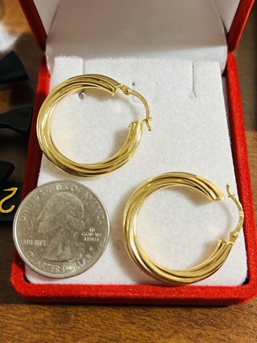 18K 750 Fine Saudi Real Gold Womens Hoops Loop Earring Medium 1” long 4.6g 4mm - Picture 9 of 12