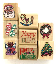 Mini Christmas Rubber Stamps Set of 8 Noteworthy Wood Mount Santa Tree Angel