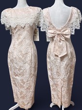 Vintage Jessica McClintock Dress 5/6 Pink Satin Lace Midi Bow USA 80s 90s NWT