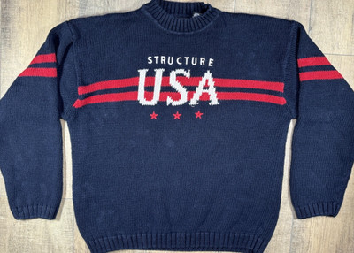 Vintage 90s Structure Stars Striped USA Spellout Knit Sweater Men s Large VTG