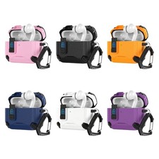 Earbud case cover with front lock, carry clip, and charging port opening
