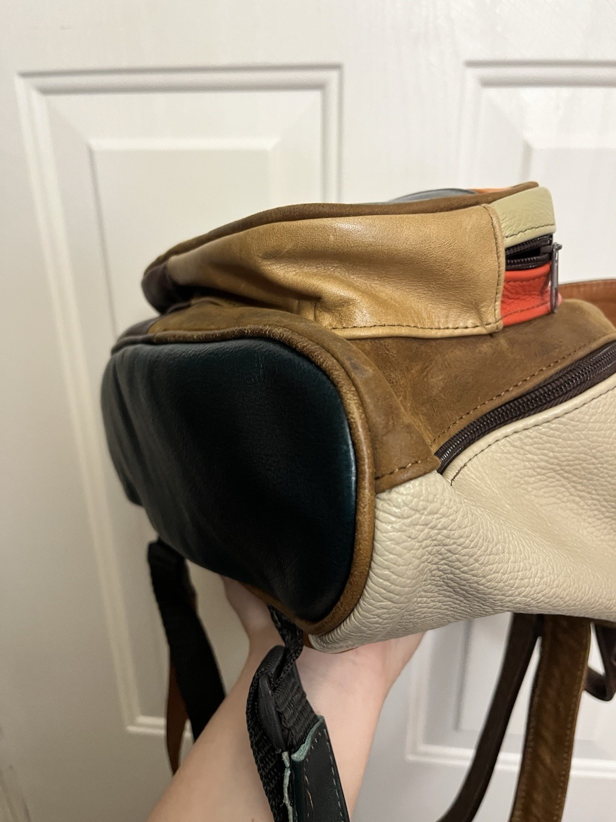 Genuine Leather Patchwork Earth Tones Backpack Sl… - image 10