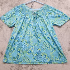 Vintage Floral Paisley Tie Neck Short Sleeve Top Size L Blue Green Casual Hippie
