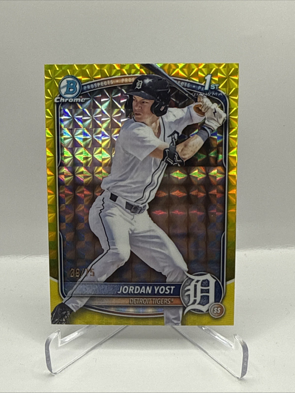 2025 Bowman Draft Jordan Yost Chrome Yellow Geometric Refractor 1st #/75 Tigers