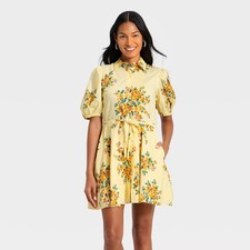 Women's Puff Sleeve Mini Shirtdress - A New Day Yellow Floral S