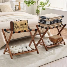 Fully Assembled Walnut Luggage Racks Set of 2, Bamboo Luggage Rack Stand for Gue