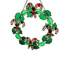 Leaded Stained Glass Christmas Holly Candy Cane Wreath Window Suncatcher 9" Dia