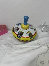 Vintage Metal Top Circus Train Toy Ohio Art Wooden Handle Classic Spinning Toy