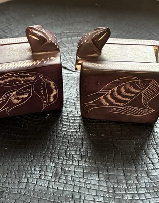 Vintage African Soapstone Hand Carved Snake Fish Trinket Box Black Toys LOT