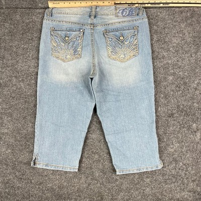 Code Bleu Capri Jeans Womens Size 12 Blue Stretch Light Wash Embellished Annette
