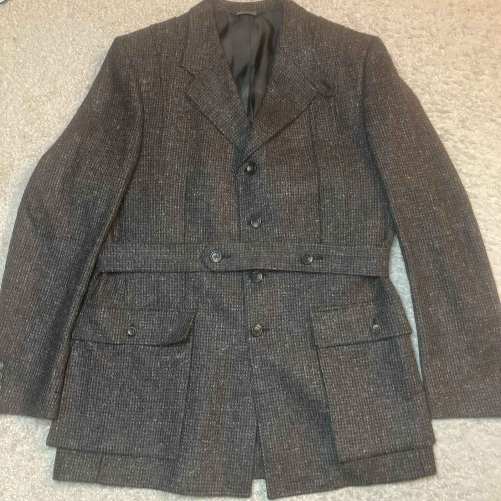 Burberry — Vintage Men's Burberry Belted Barleycorn Donegal Tweed Norfolk Game Jacket 44R?