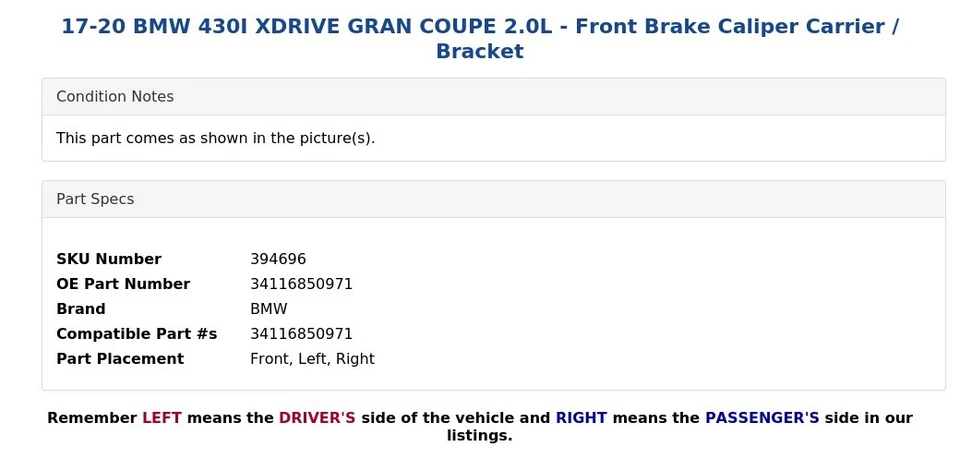 17-20 BMW 430I XDRIVE GRAN CUPÉ 2.0L - Porta pinza de freno delantero / soporte Foto 4 de 4