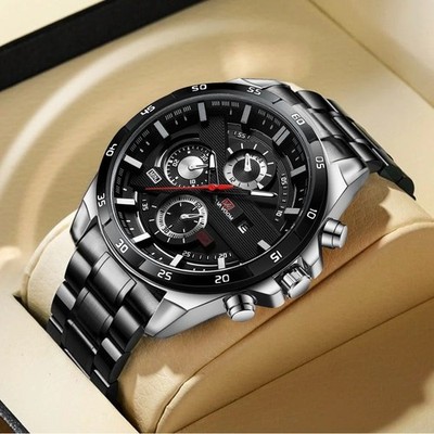 Men's Racing Watch 46mm   Black & Rose Gold, Leather Strap, Calendar