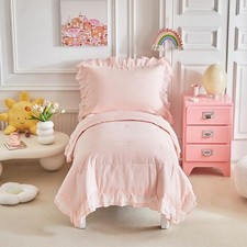 Ruffled Lace Toddler Bedding Set with Ruffle Fringe, Solid Color 4 Pieces Tod...