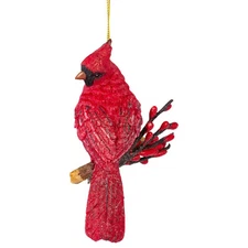 Brilliant Red Cardinal Christmas Ornament Perched on Holly Branch 4.25 Inches