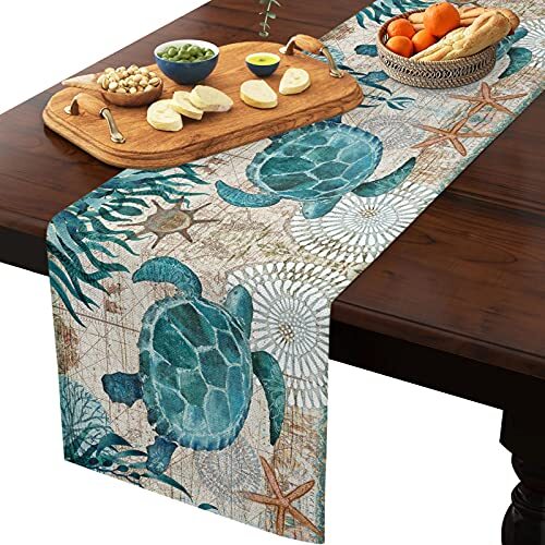 Linen Burlap Table Runner Dresser Scarves Sea 13x36in Underwater World