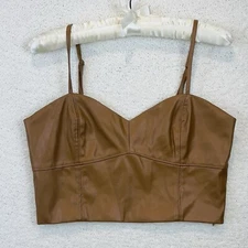 Brown Pleather Crop Top Sans Souci Size M Side Zip Lined Biker Sexy Y2K