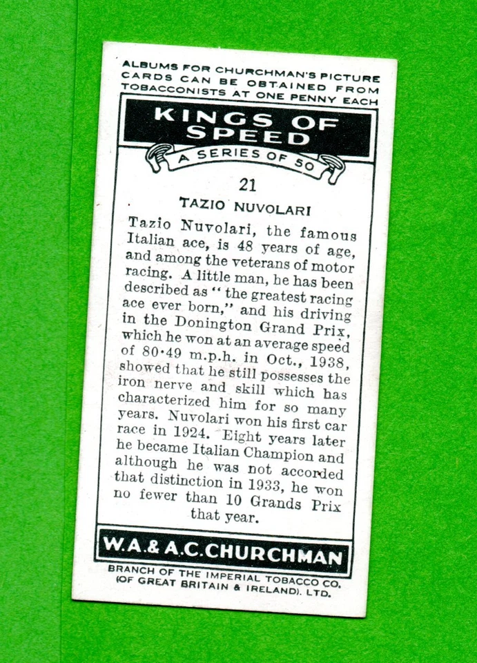 TAZIO NUVOLARI PRE WAR CARD KING OF SPEED #21 CHURCHMAN 1939 NO ROOKIE NO PANINI - Image 2 of 2