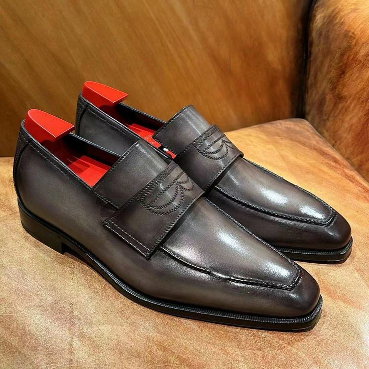 Handmade men gray leather dress moccasin, formal office slip ons shoes Handmade men gray leather dress moccasin, formal office slip ons shoes