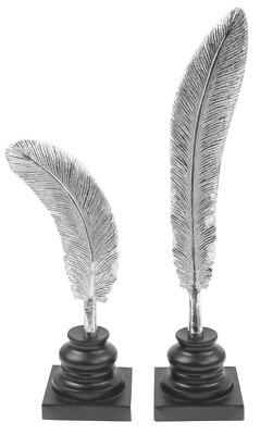 2er Set silberne Aluminium Feder Ornamente auf schwarzem Metallsockel 