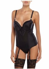 Millesia Guepiere Collection 34B S Silk Bustier Thong Set Garters Black