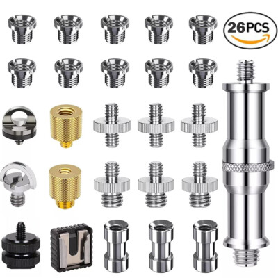 26PC 1/4'' 3/8'' Camera Tripod Converter Threaded Screws Mount Flash Adapter Set