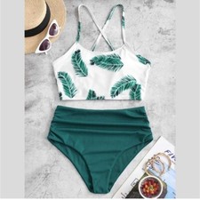 Zaful High Waisted Bikini Palm Leaf Print Criss Cross Back Swimsuit Size L / 8