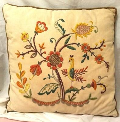 JACOBEAN PARADISE BIRD Zip PILLOW Vtg CREWEL EMBROIDERY FLORAL STITCH SAMPLER