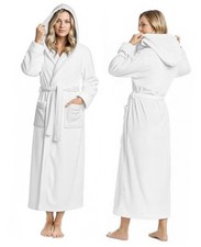 Women's Fleece Hooded Bathrobe Plush Long Spa Robe, Medium Large White