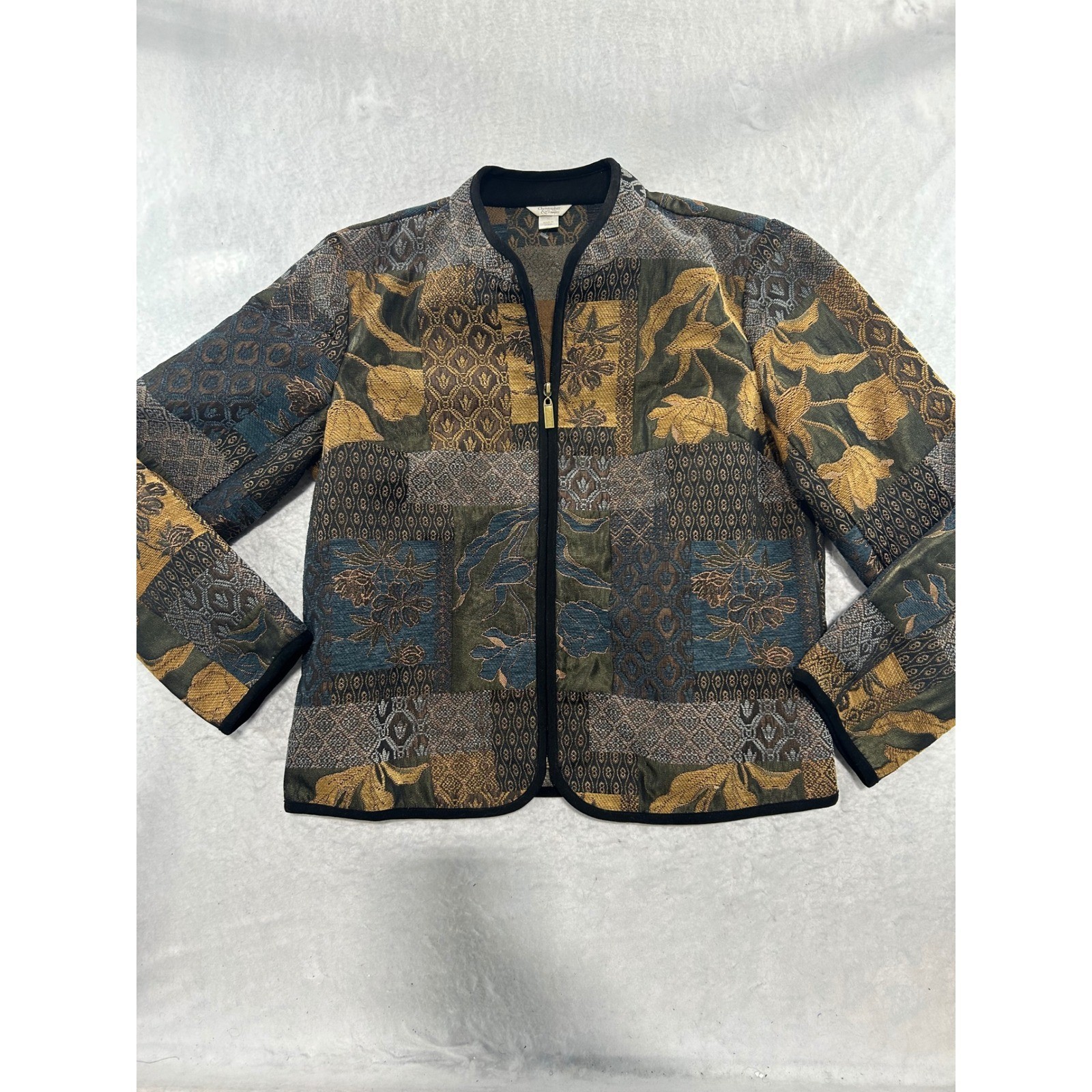 Christopher & Banks Womens XL Tapestry Patchwork Zip Jacket Floral Gold Blue
