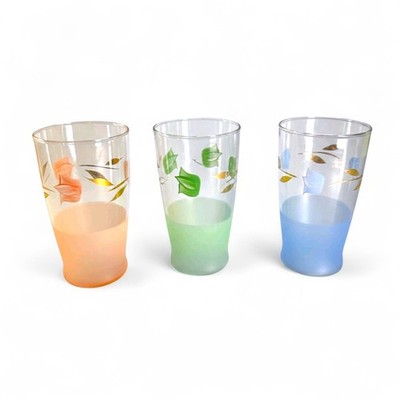 Vintage MCM Frosted Floral Tumblers 1950s 60s Libbey Federal Glass Set of 3