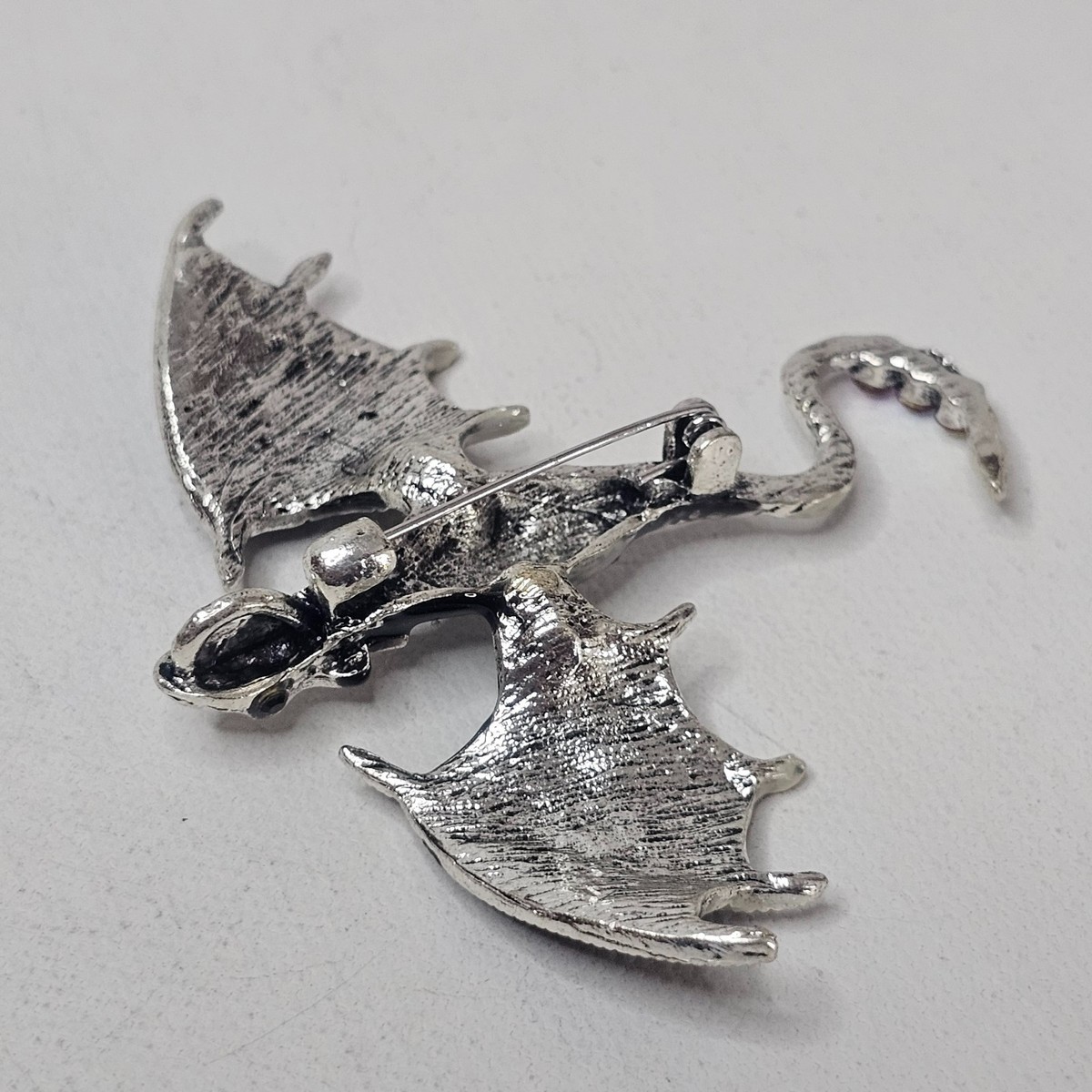 Flying Dragon Figural Brooch Black SilverTone Red AB Rhinestone Unmarked Pendant View 5