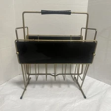 VTG Mid CENTURY WIRE Wood MAGAZINE Rack Stand EAMES ERA Gold Record MCM