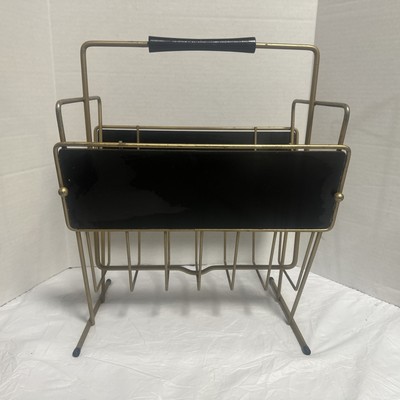 VTG Mid CENTURY WIRE Wood MAGAZINE Rack Stand EAMES ERA Gold Record MCM