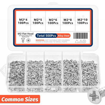 500Pcs Mini M2 Self Tapping Screws Phillips Flat Head Alloy Steel Assortment Kit