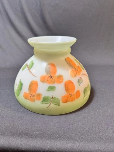 Vintage Milk Glass Floral Hurricane Oil Lamp Shade 7 7/8" Fitter Hand painted