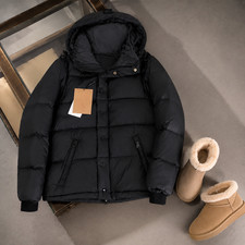 Black Hooded Puffer Jacket Quilted Padded Coat Zip Pockets Ribbed Cuffs