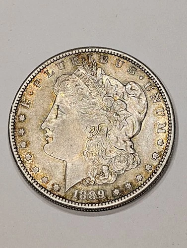 1889 s morgan silver dollar Slider AU Cartwheel Luster In Devices Rainbow Toned