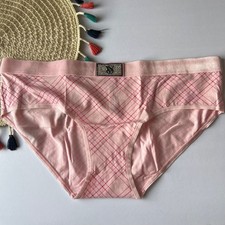 Victoria's Secret Logo Shine Patch Velvet Hiphugger Panty Pink Plaid XL NEW