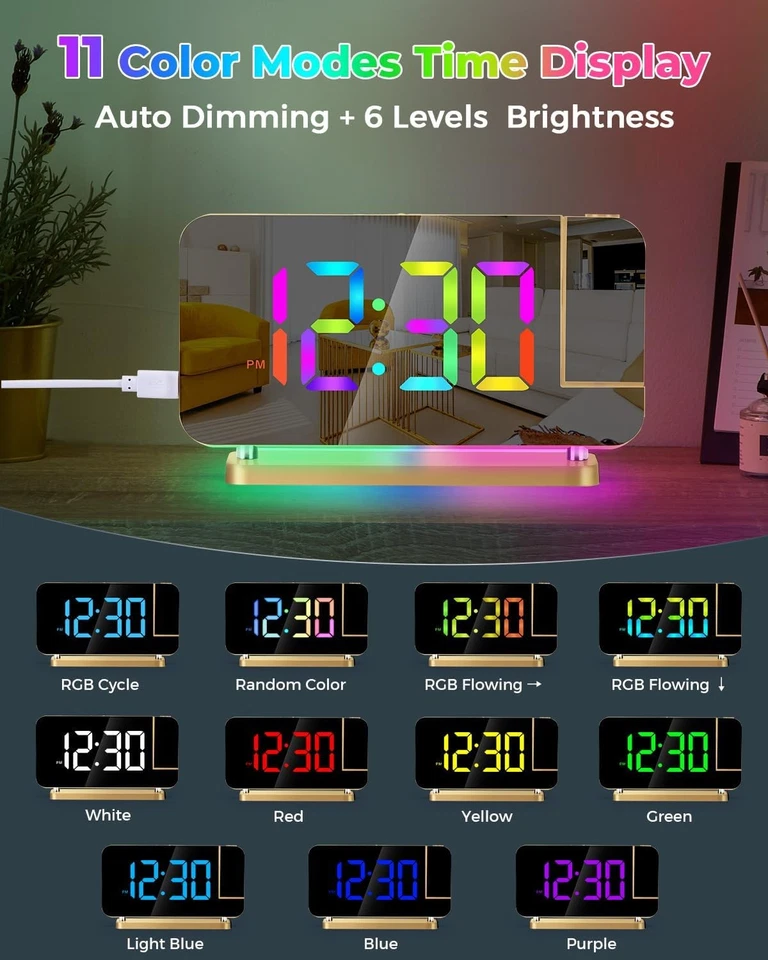 SZELAM Projection Alarm Clock LED Mirror Digital with RGB Night Light - Image 3 of 4