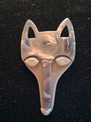 Lea Stein Signed Gray Fox Head Pin-Original Sticker