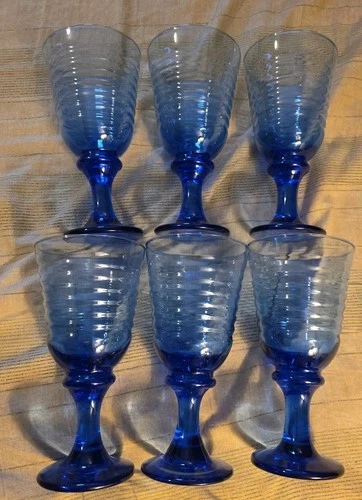 Lot Of 6 Cobalt Blue Glass Cups Tumblers Footed Royal Libbey Serrus (?)