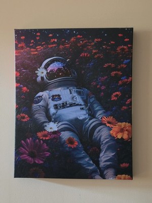 Astronaut Space Art Print, Multicolor Vertical Wall Poster in Flower Field