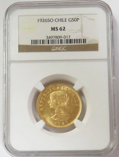 1926 GOLD CHILE 50 PESOS NGC MINT STATE 62