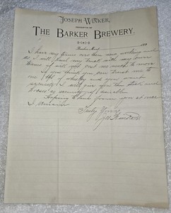 Early 1890s Signed Barker Brewery & Saloon Joseph Winker Montana Letterhead Mont