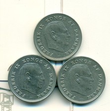 3 DIFFERENT 1 KRONE COINS from DENMARK (1965, 1966 & 1967)