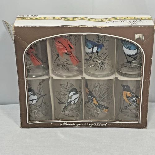 Vtg Anchor Hocking Songbird Drinkware Set Of 8 Drinking Glasses In Box 12 Ounce