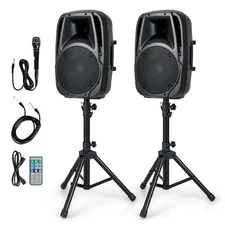 Dual 10" Protable 1600W Powered Speakers w/   Mic Speaker Stands Control