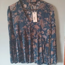 NWT ANA choker bell sleeve deep v Neck blouse Blue with floral print SZ XS