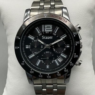 Stauer Jet Setter Mens Watch 41mm Black Dial Chronograph Date New Battery 8.25''''